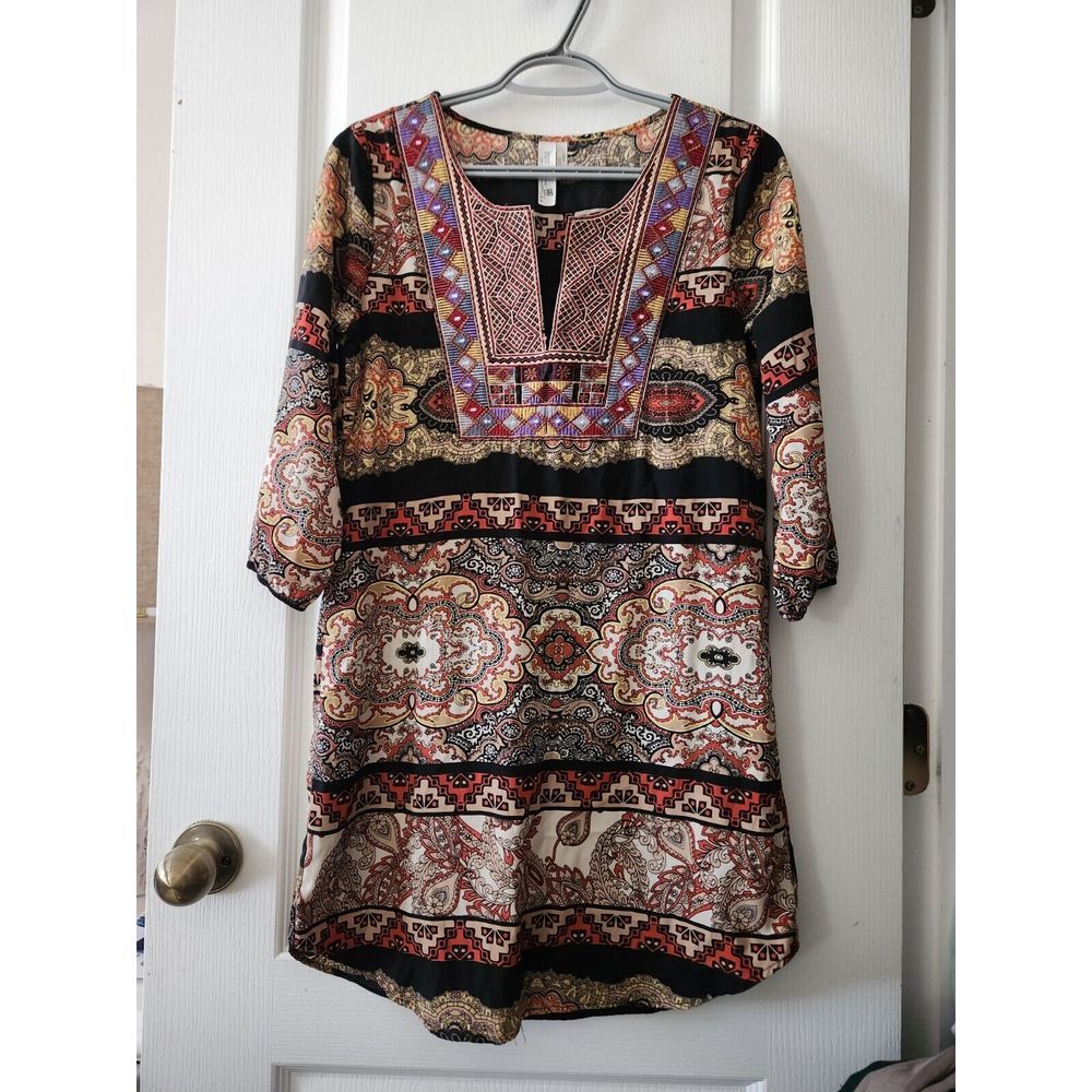 Pink Owl Apparel Embroidered Boho Shift Dress 3/4 Sleeves Back Multicolor Size S
